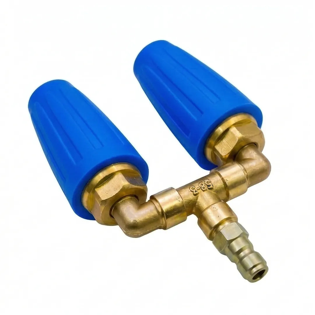 Angled view of a dual turbo nozzle showing the brass T-splitter, quick-connect plug, and two blue nozzles.