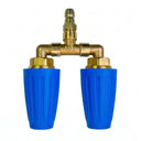 Top-down view of a dual turbo nozzle with the brass quick-connect plug pointing up and nozzles down.