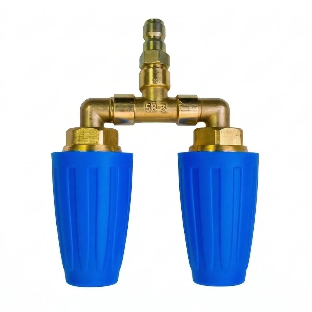 Top-down view of a dual turbo nozzle with the brass quick-connect plug pointing up and nozzles down.