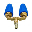 Front view of a dual turbo nozzle showing the brass T-fitting and two blue nozzles pointing upward.