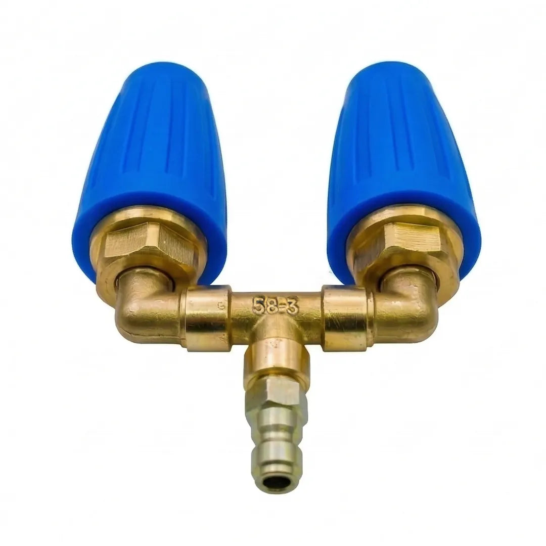 Front view of a dual turbo nozzle showing the brass T-fitting and two blue nozzles pointing upward.
