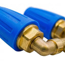 Close-up of the brass elbow fitting and blue nozzle casing on a dual turbo nozzle.