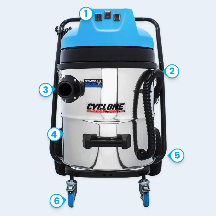 Cyclone Classic Pro 16 Gallon 3600W Triple Motor 240V Stainless Steel Commercial Gutter Vacuum
