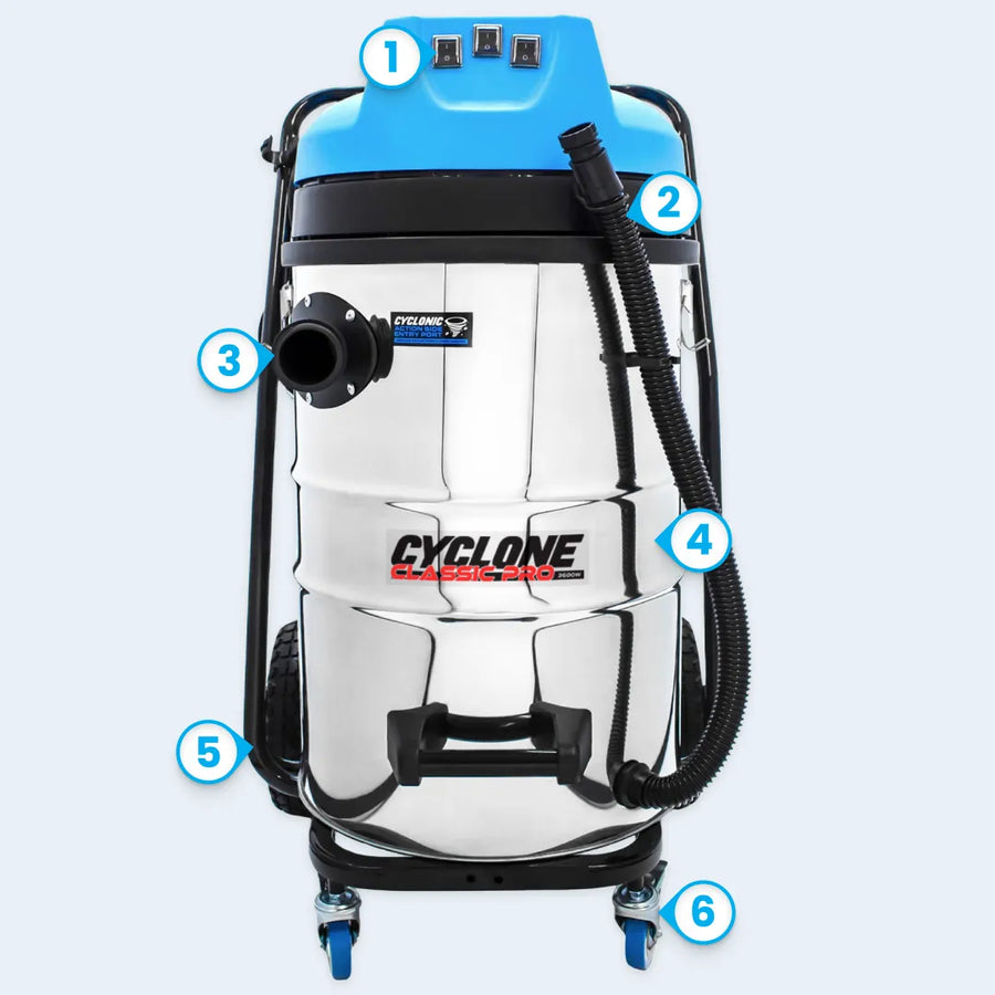 Cyclone Classic Pro 20 Gallon 3600W Triple Motor 240V Stainless Steel Commercial Gutter Vacuum