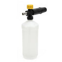 Adjustable Foam Lance with 24 oz Bottle Car Cleaning for Electric Pressure Washers, angled view of the quick-connect plug, yellow knob and bottle