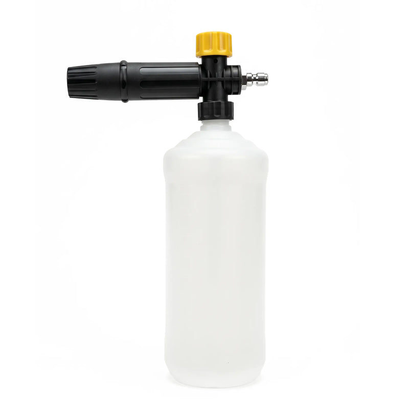 Adjustable Foam Lance with 24 oz Bottle Car Cleaning for Electric Pressure Washers, side view with black nozzle, yellow knob and quick-connect plug
