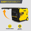 Side profile of the 6500w gas powered inverter generator demonstrating the folding handle extended upwards for easy portability on 5.5 inch wheels.