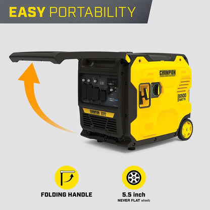 Side profile of the 6500w gas powered inverter generator demonstrating the folding handle extended upwards for easy portability on 5.5 inch wheels.