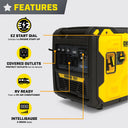 Angled view of the 6500w gas powered inverter generator with callouts highlighting the EZ Start Dial, covered outlets, RV readiness, and Intelligauge display.