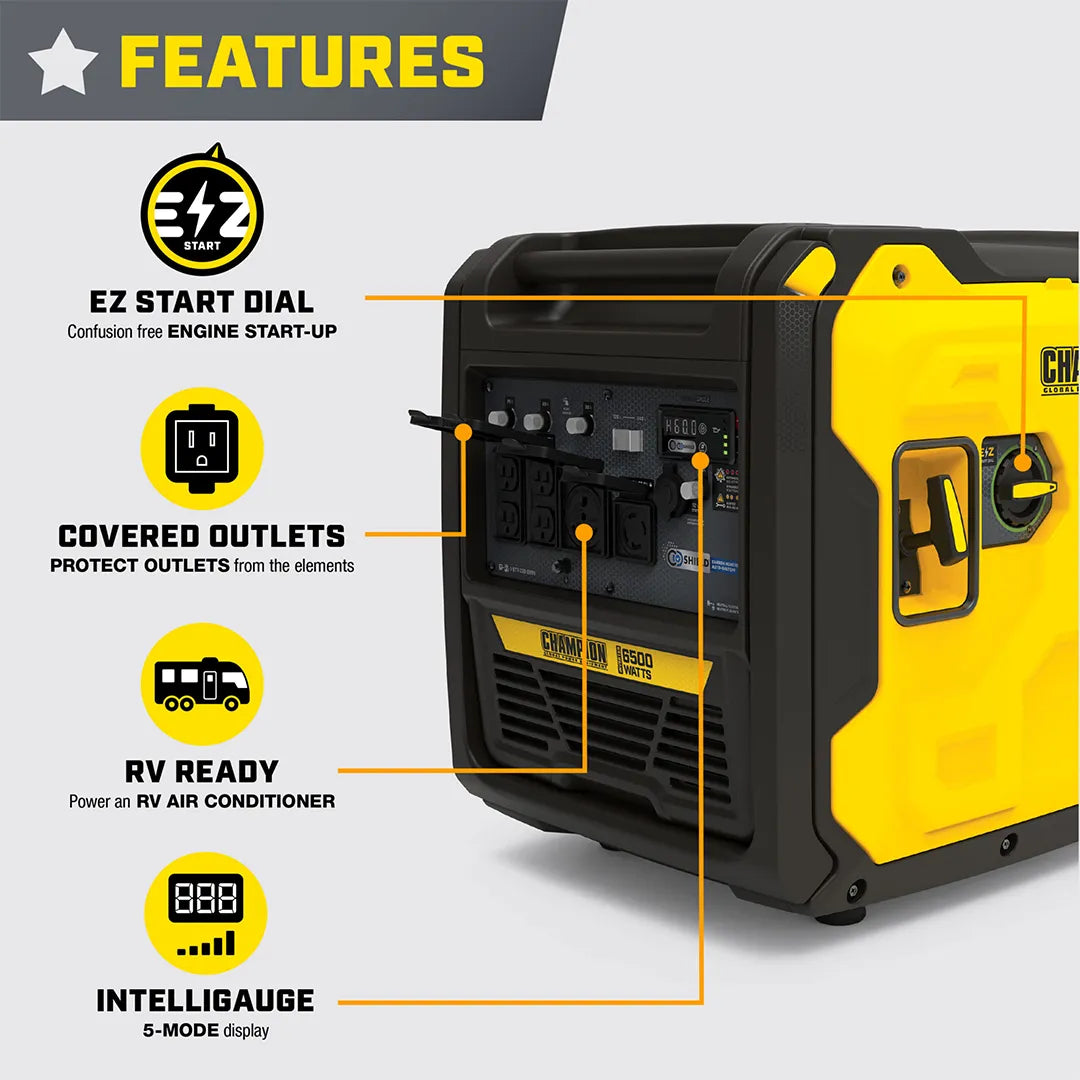 Angled view of the 6500w gas powered inverter generator with callouts highlighting the EZ Start Dial, covered outlets, RV readiness, and Intelligauge display.