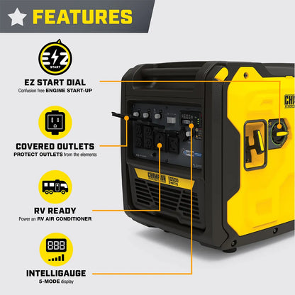 Angled view of the 6500w gas powered inverter generator with callouts highlighting the EZ Start Dial, covered outlets, RV readiness, and Intelligauge display.
