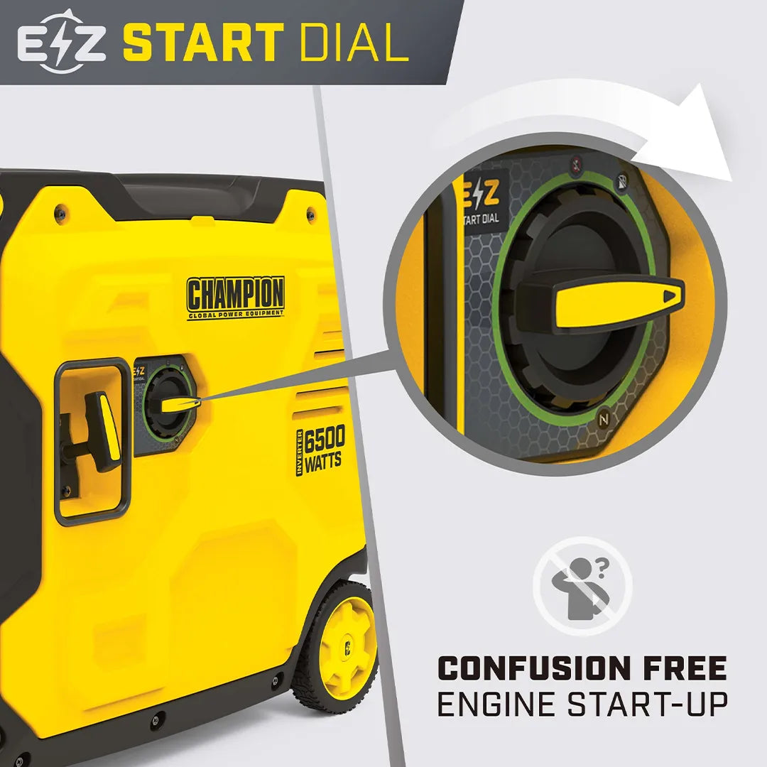 Side detail of the 6500w gas powered inverter generator showing the yellow pull cord and the EZ Start Dial for engine startup.