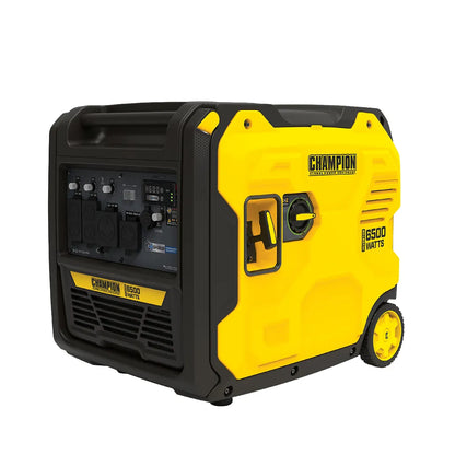 Three-quarter view of the yellow and black 6500w gas powered inverter generator showing the front control panel, side pull start, and rear wheels.