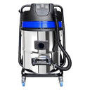 Stainless steel gutter vacuum cleaning system on wheeled frame with blue band, front view with drain hose attached