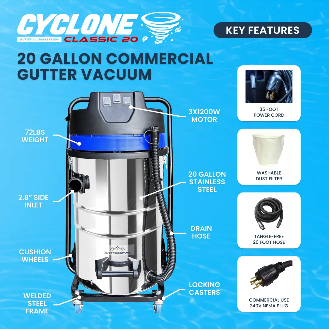 Gallery image 2 for 20ft (2 Story) Gutter Vacuum Cleaning System with 20 Gallon Classic Cyclone 3600 Watt 3 x motor vac (bundle discount)