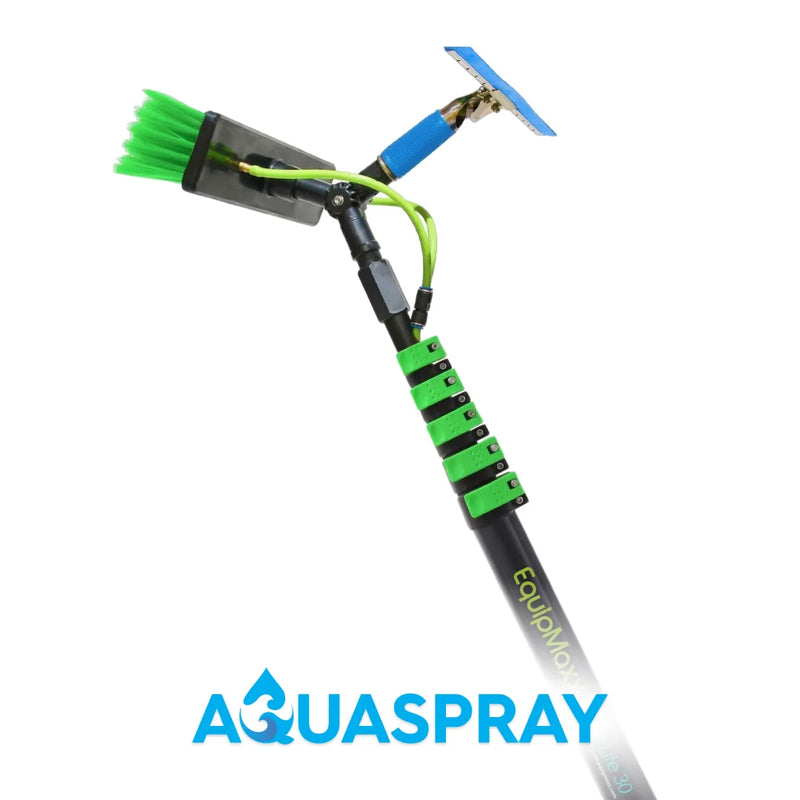 Diagonal view of an EquipMaxx aluminum water fed pole with squeegee, green brush, tubing, and clamps.