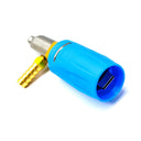 Angled view of the blue adjustable nozzle and brass hose barb from the Soft Wash Chemical Injector Kit.