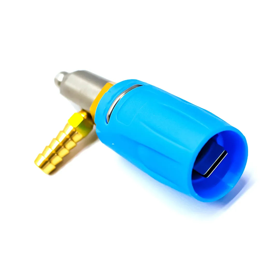 Angled view of the blue adjustable nozzle and brass hose barb from the Soft Wash Chemical Injector Kit.