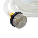 Close-up of the stainless steel mesh filter and weighted collar attached to the hose of the Soft Wash Chemical Injector Kit.