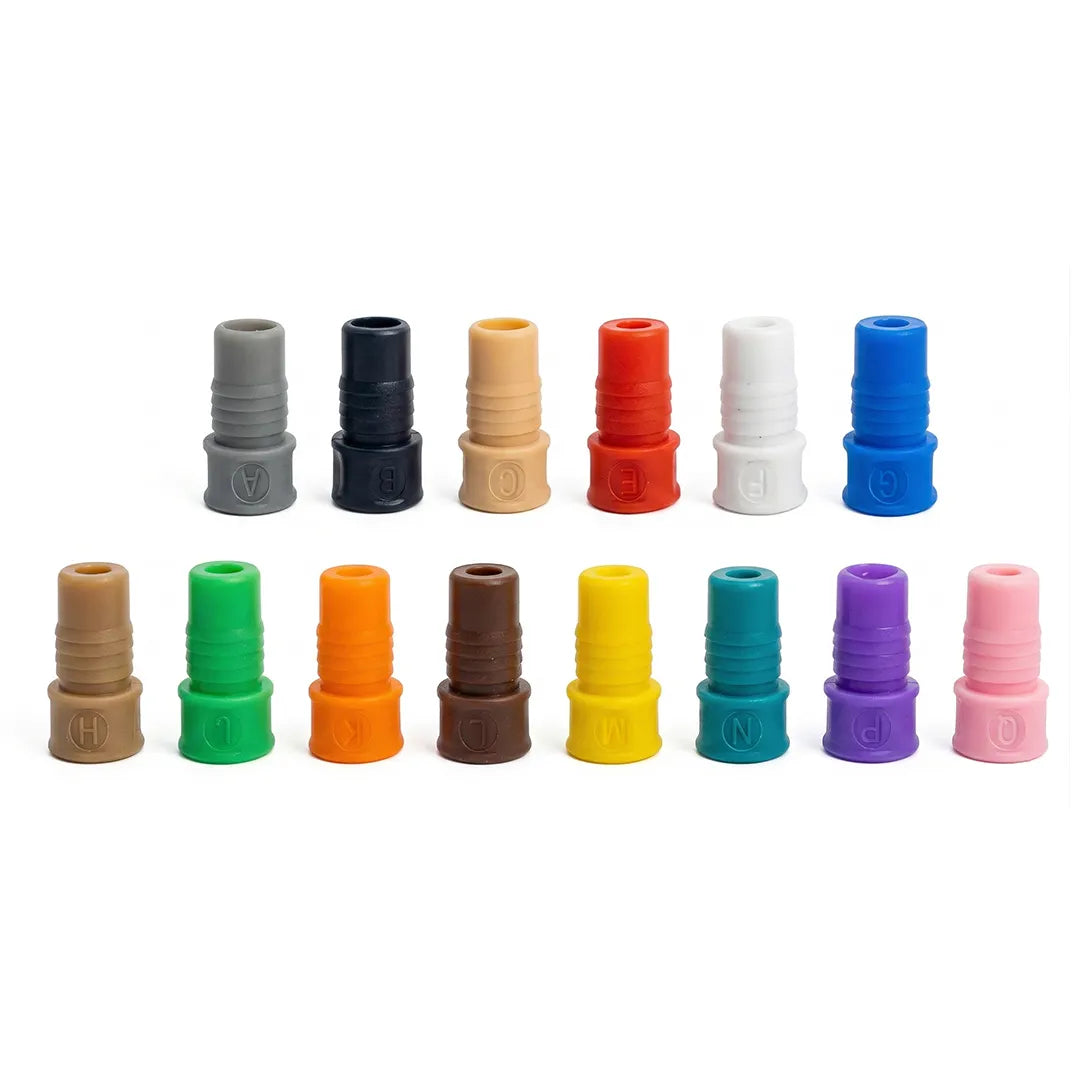 14 colored proportioner nozzles included in the Soft Wash Chemical Injector Kit, arranged in two rows and labeled A to Q.