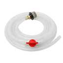 White braided hose with a red valve and a stainless steel weighted filter on a white background.