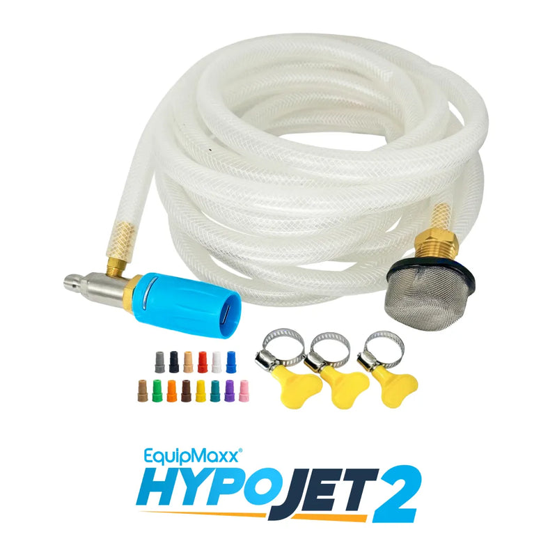 Top-down view of the Soft Wash Chemical Injector Kit including a hose, blue turbo nozzle, thread tape, clamps, and colored proportioner nozzles.