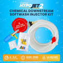 Infographic of a Hypojet 2 soft washing kit detailing its clear coiled hose, injector, and hardware components.