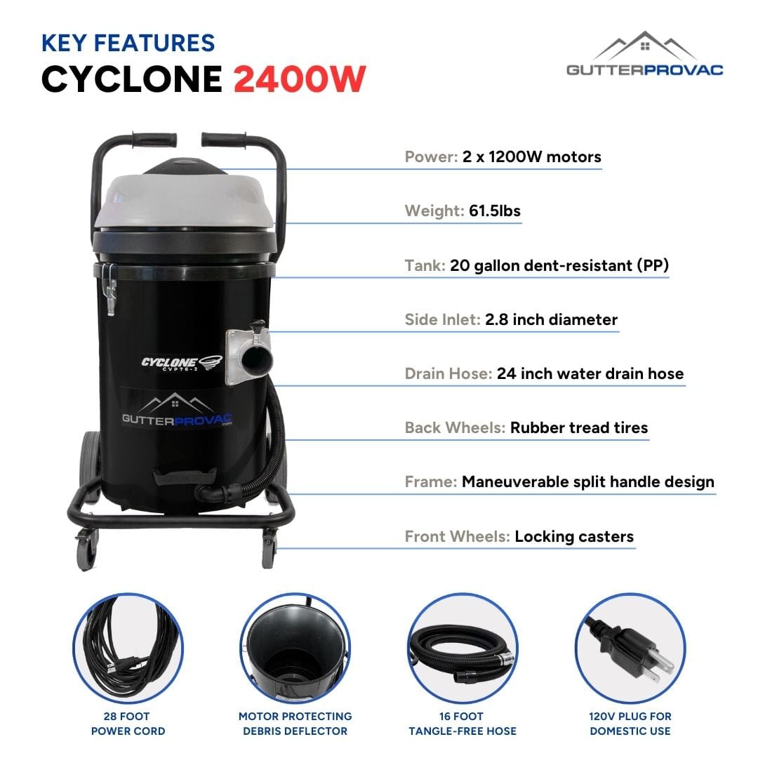 20 Gallon Cyclone 2400W Polypropylene Domestic Gutter Vacuum with 20 Foot Aluminum Poles and Bag