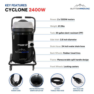 20 Gallon Cyclone 2400W Polypropylene Domestic Gutter Vacuum with 20 Foot Carbon Tapered Poles and Bag