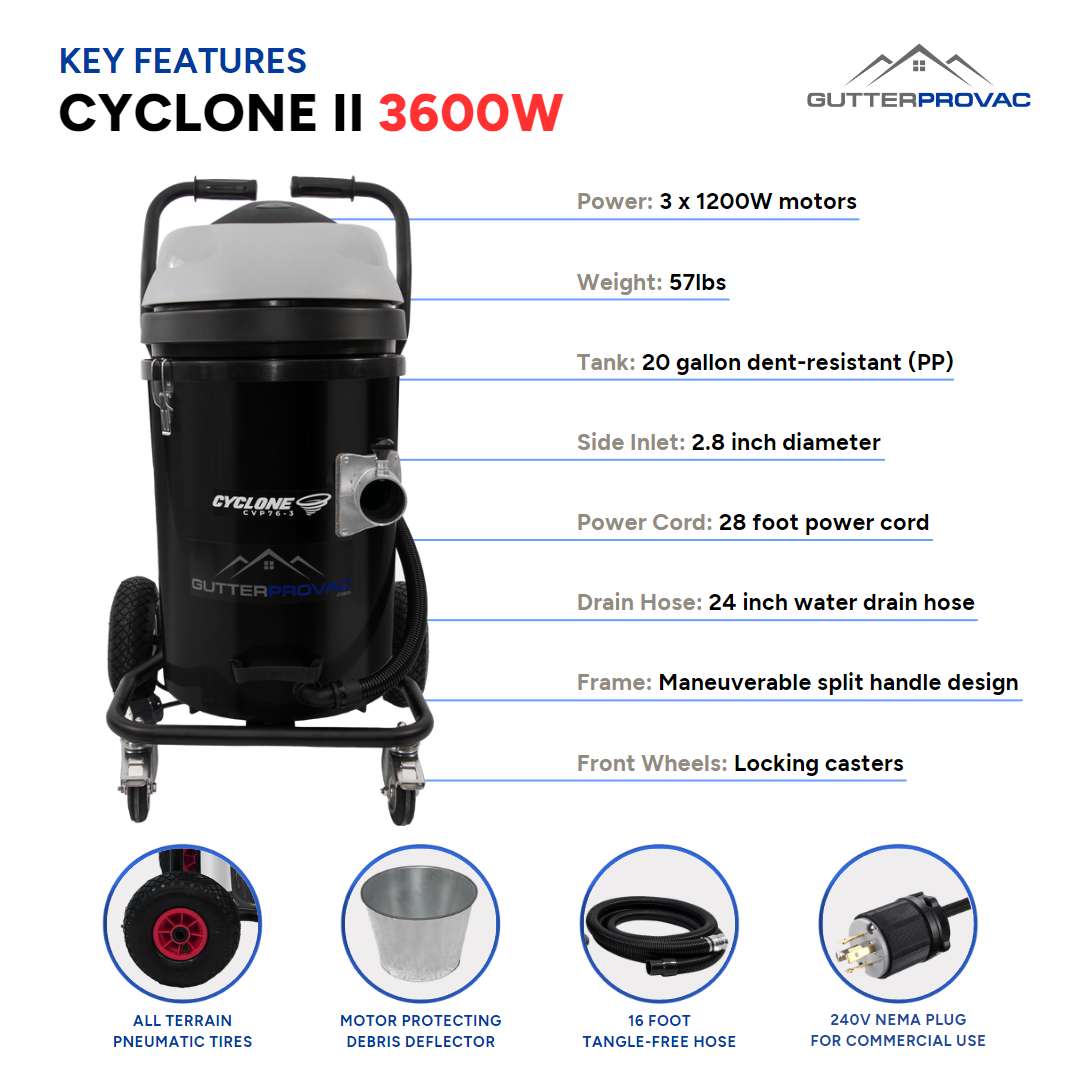 20 Gallon Cyclone II 3600W Polypropylene Gutter Vacuum with 20 Foot Carbon Fiber Clamping Poles and Bag