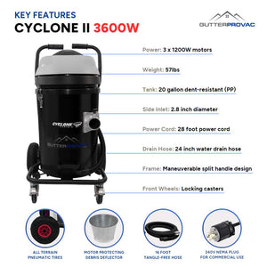 20 Gallon Cyclone II 3600W Polypropylene Gutter Vacuum with 20 Foot Carbon Fiber Clamping Poles and Bag