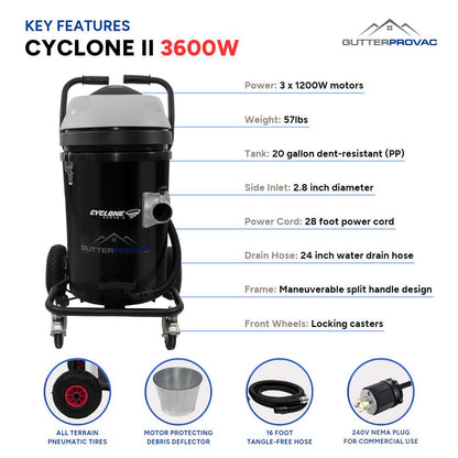 20 Gallon Cyclone II 3600W Polypropylene Gutter Vacuum with 40 Foot Aluminum Poles and Bag