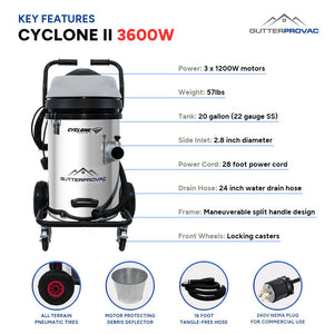 Cyclone II 240V Commercial Gutter Vacuum 3600W 20 Gallon (Stainless Steel)