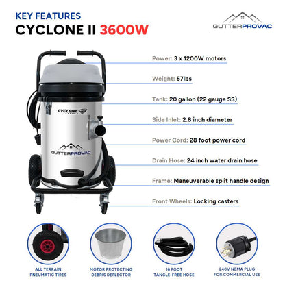 20 Gallon Cyclone II 3600W Stainless Steel Gutter Vacuum with 20 Foot Aluminum Poles and Bag
