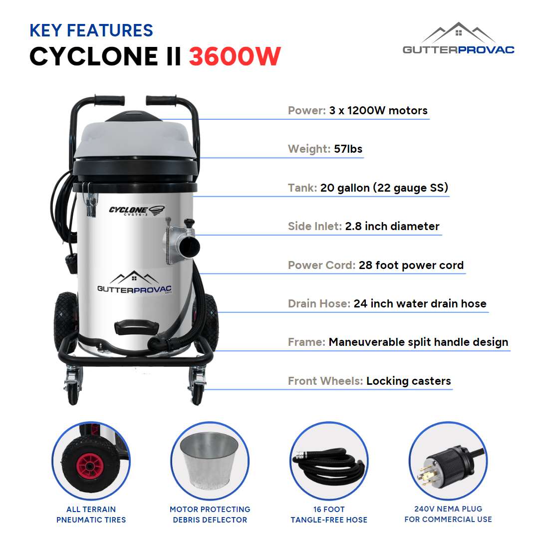 20 Gallon Cyclone II 3600W Stainless Steel Gutter Vacuum with 20 Foot Carbon Push Fit Poles and Bag
