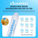 Aquaspray Inline Filter indicating reduction of over 20 harmful substances like sediment, rust, lead, chlorine, heavy metals, and suspended solids.