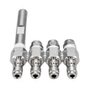 Angled bottom view of a 4-tip j-rod long range nozzle showing the quick-connect bases and the extended tip on the left.