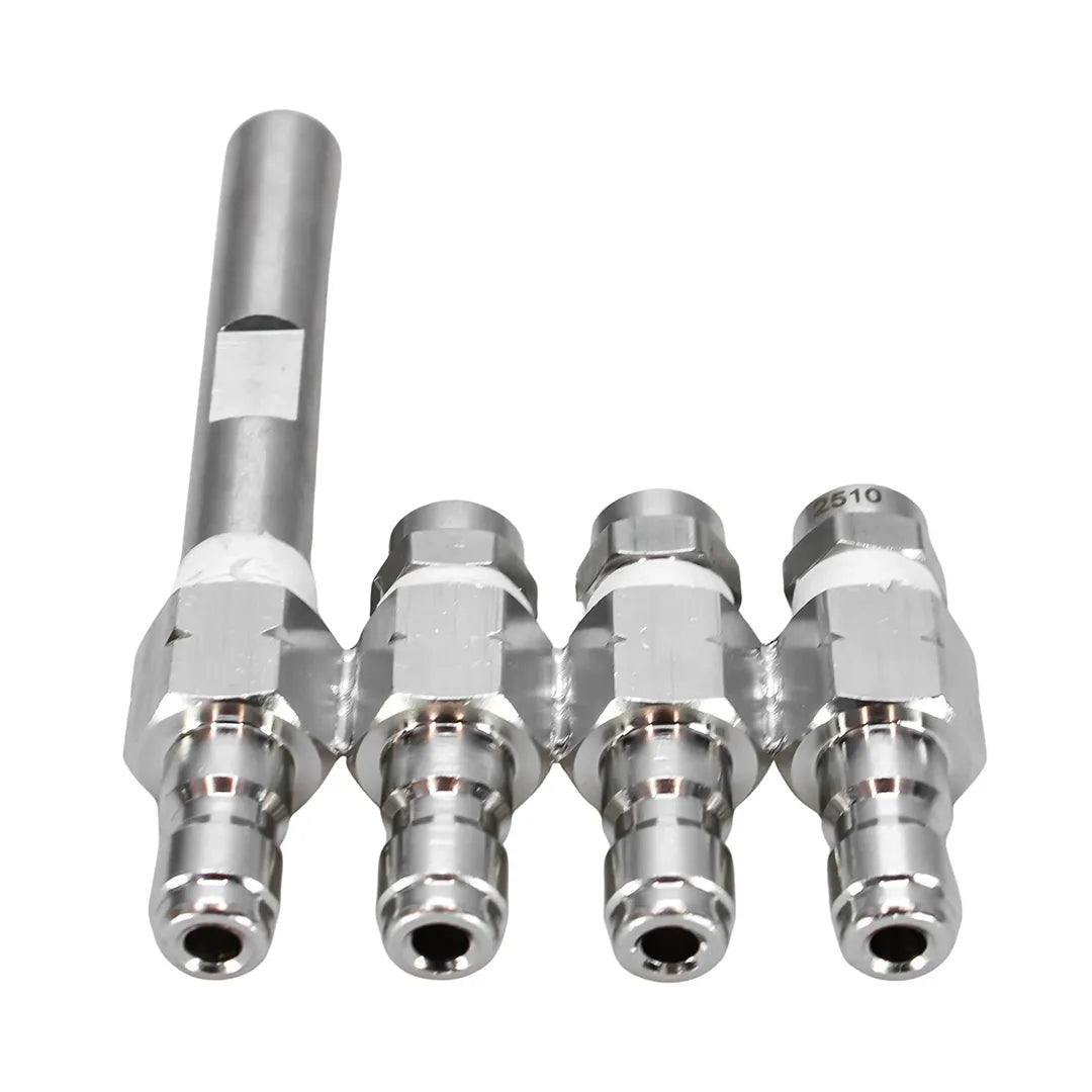 Angled bottom view of a 4-tip j-rod long range nozzle showing the quick-connect bases and the extended tip on the left.