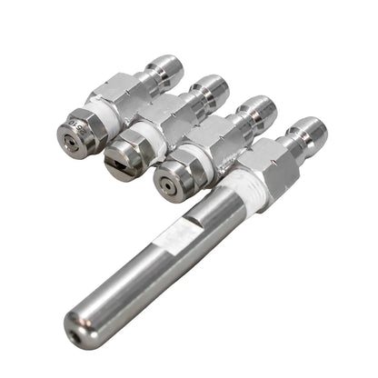 Top angled view of a j-rod long range nozzle highlighting the spray orifices and the extended stainless steel jet nozzle tip.