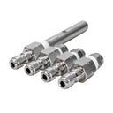 Bottom angled view of a stainless steel j-rod long range nozzle highlighting the four quick-connect plug fittings.