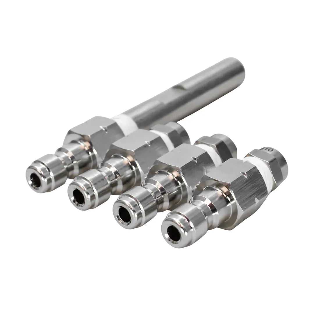 Bottom angled view of a stainless steel j-rod long range nozzle highlighting the four quick-connect plug fittings.