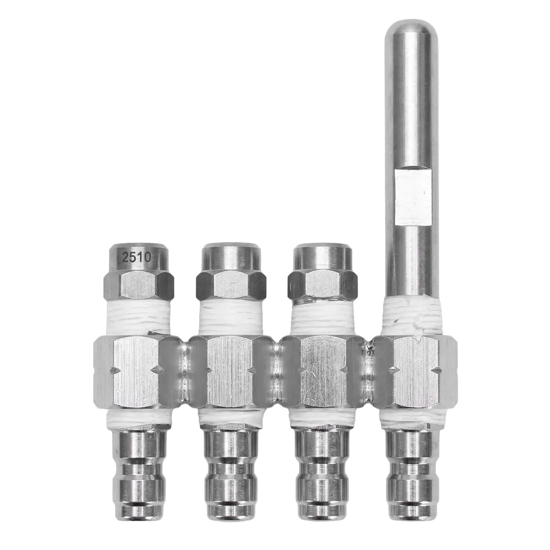 Straight-on view of a stainless steel j-rod long range nozzle with three short jet nozzle tips and one extended nozzle on the right.