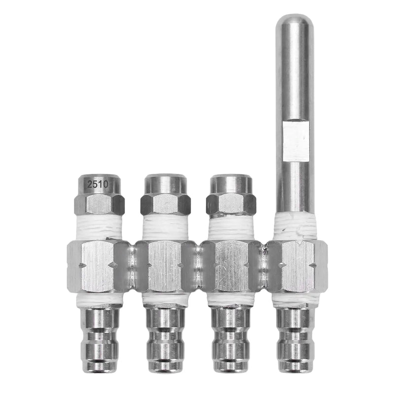 Straight-on view of a stainless steel j-rod long range nozzle with three short jet nozzle tips and one extended nozzle on the right.