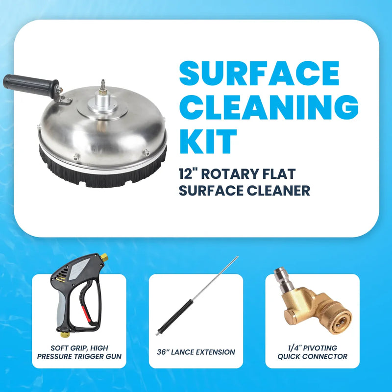 12-inch stainless steel rotary surface cleaning kit with trigger gun, lance, and 1/4 inch male and female quick connector.