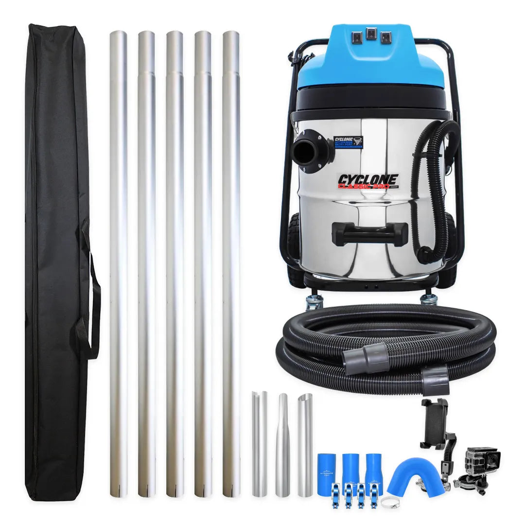 16 Gallon Cyclone Classic Pro Commercial 3600W Gutter Cleaning Vacuum System with 20ft Aluminum Poles Kit, Inspection Camera & Pole Bag