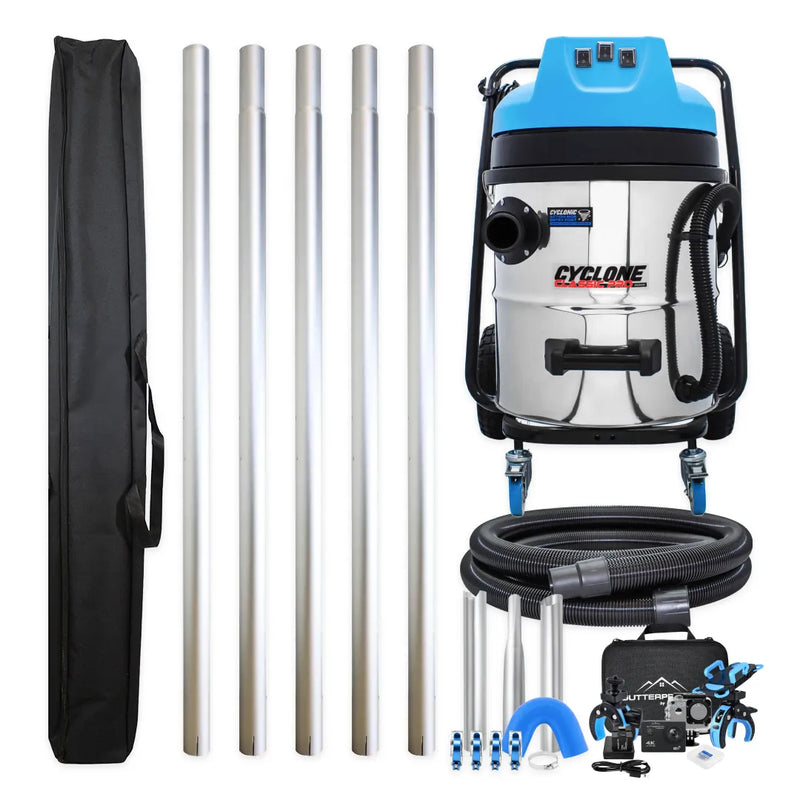 Cyclone Classic Pro 16 gallon commercial gutter vacuum kit with five aluminum poles, bag, hose, nozzles, U-bend, clamps and wireless inspection camera