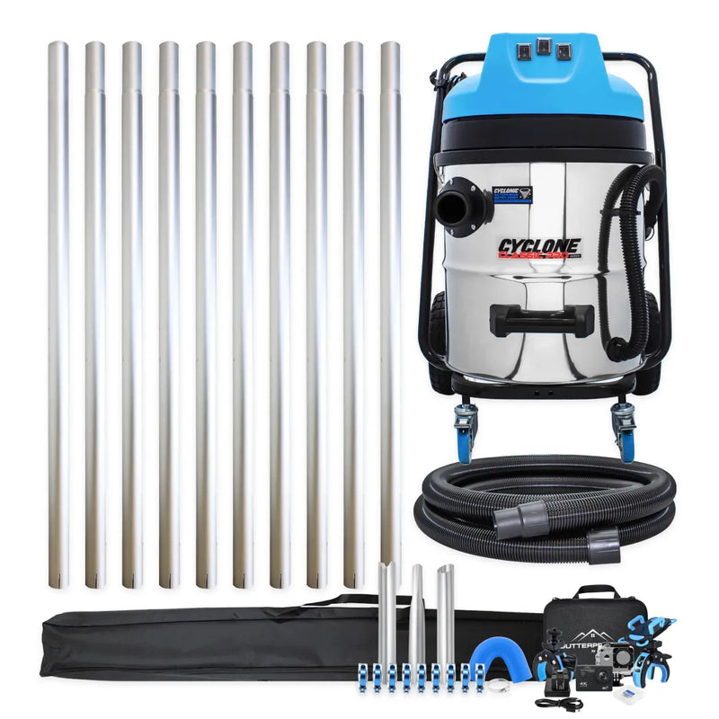 Cyclone Classic Pro 16 gallon commercial gutter vacuum kit with ten aluminum poles, bag, hose, nozzles, U-bend, clamps and wireless inspection camera