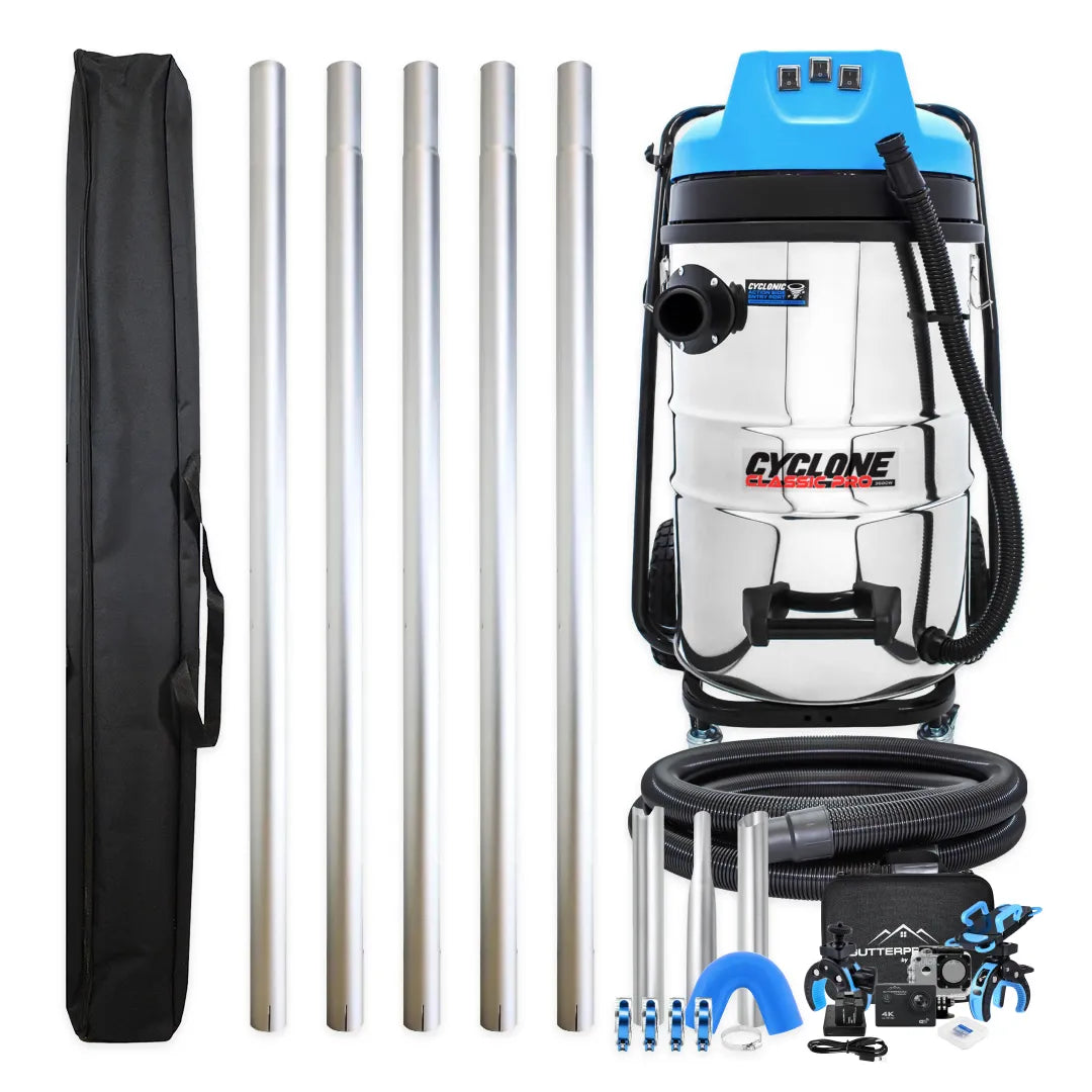 Cyclone Classic Pro 20 gallon commercial gutter vacuum kit with five aluminum poles, bag, hose, nozzles, U-bend, clamps and wireless inspection camera