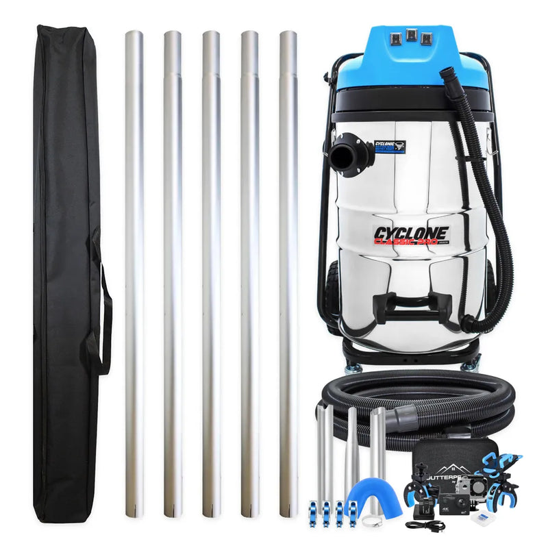 Cyclone Classic Pro 20 gallon commercial gutter vacuum kit with five aluminum poles, bag, hose, nozzles, U-bend, clamps and wireless inspection camera