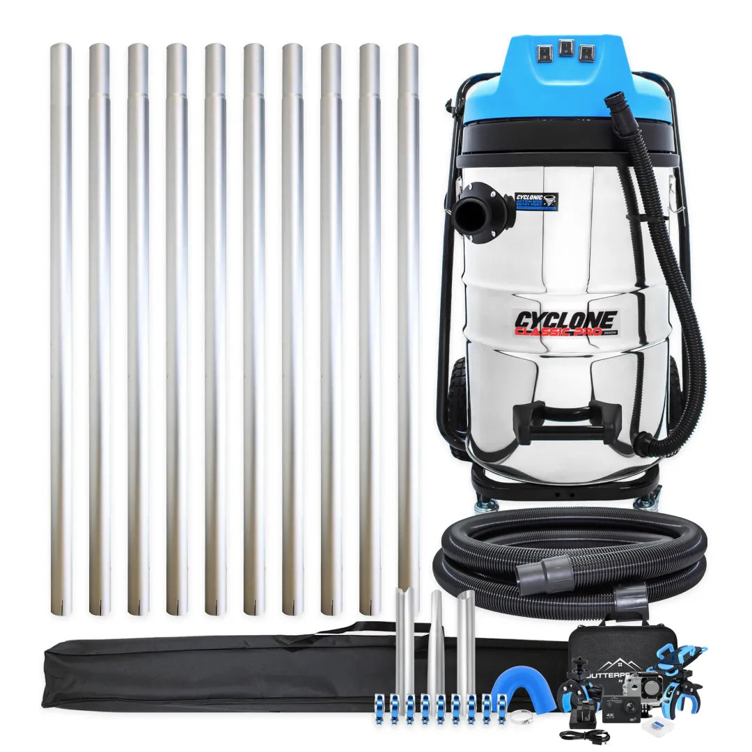 Cyclone Classic Pro 20 gallon commercial gutter vacuum kit with ten aluminum poles, bag, hose, nozzles, U-bend, clamps and wireless inspection camera